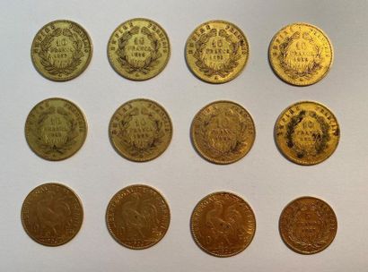 null * FRANCE, Ensemble de de douze monnaies en or : 
- Napoléon III, 8 pièces de...