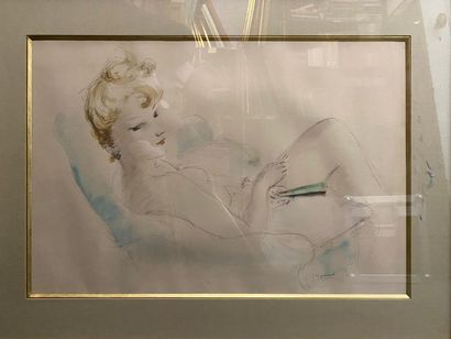 null * André DIGNIMONT 
Femme nue à l'éventail
Aquarelle et encre sur papier, signé...