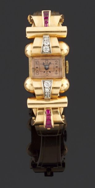 null Montre bracelet de dame en or jaune 750 millièmes, la montre de forme rectangulaire,...