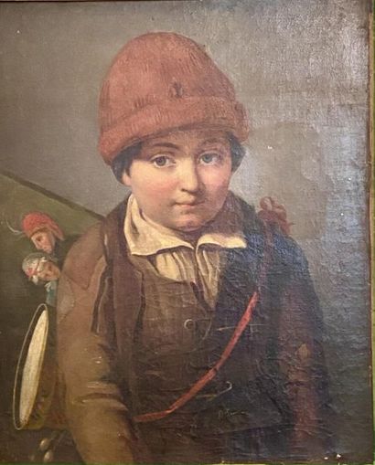 null B. GOUPIL (XIXe siècle) 
Portrait de jeune homme avec tambour et figurines 
Huile...