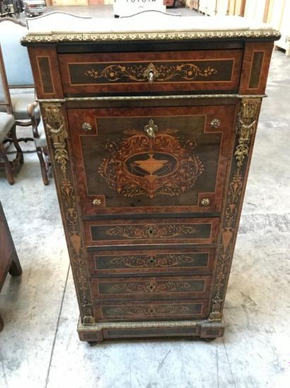 null SECRETARY in veneer wood inlaid with framing friezes, volutes, garlands, basket,...