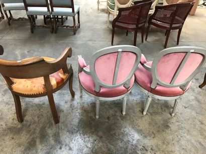 null Set comprising: 
- Pair of grey lacquered wood armchairs with medallion backrest,...