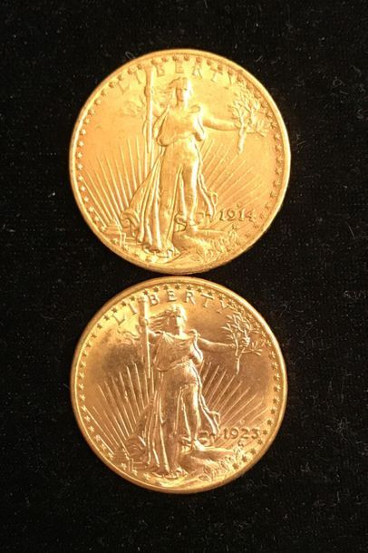 null ** Two 20-dollar Saint-Gaudens yellow gold coins 1914 and 1923
Selling expenses:...