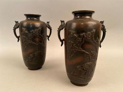 null CHINE, XIXe siècle 
Paire de vases ovoïdes à deux anses en bronze à patine brune...