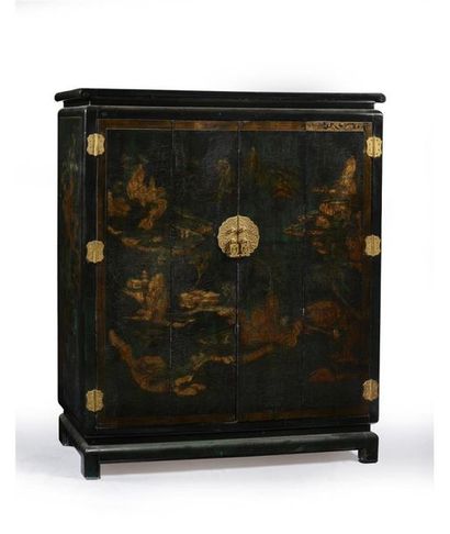 null Lacquer cabinet with landscape decoration, hinges with relief decoration and...