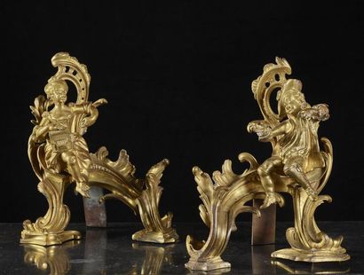 null Pair of gilt bronze children's candlesticks in the taste of Jacques Caffieri,...