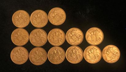 null ** Quatorze pièces de demi souverains or 1907 (3), 1908 (x5), 1909 (x6) 
Frais...