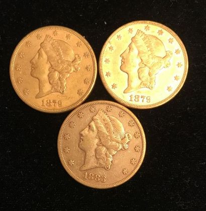 null ** Three $20 Liberty yellow gold coins 1879, and 1883
Selling fee: 9.6% incl....