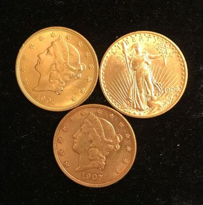 null ** Trois pièces de 20 dollars Liberty et Saint-Gaudens en or jaune 1904, 1907,...