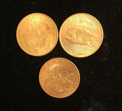 null ** Trois pièces de 20 dollars Liberty et Saint-Gaudens en or jaune 1904, 1907,...