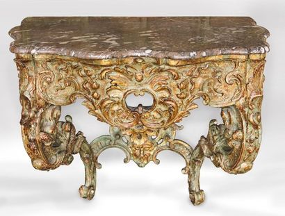 null CONSOLE made of wood and stucco gilded and green lacquered with rich carved...