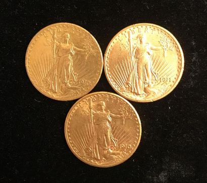 null ** Trois pièces de 20 dollars Saint-Gaudens en or jaune 1910 et 1911
Frais de...