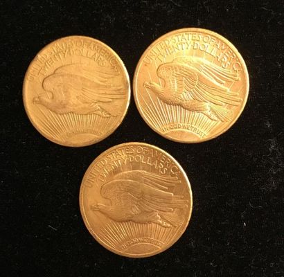 null ** Trois pièces de 20 dollars Saint-Gaudens en or jaune 1910 et 1911
Frais de...