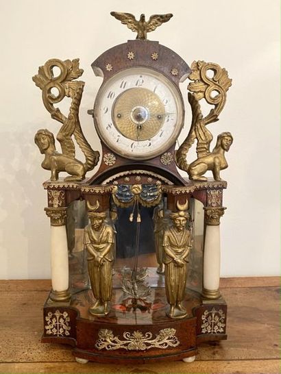 null Portico clock in the neo style in veneered and gilded wood, marble and chased...