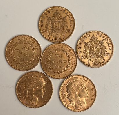 null *6 coins of 20 gold francs, 2 x 1869, 1878, 1896, 1905 and 1907