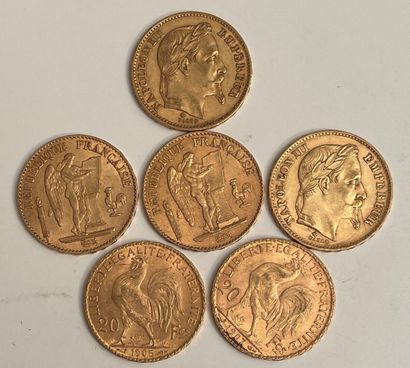 null *6 pièces de 20 francs or, 2 x 1869, 1878, 1896, 1905 et 1907
