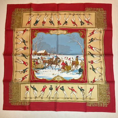 null HERMES Paris 

Silk square titled "Les plaisirs du froid" red border and its...