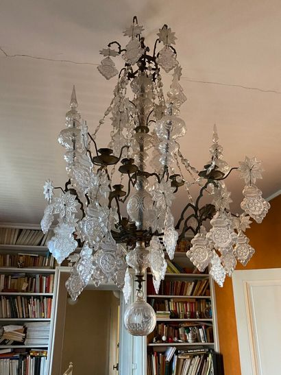 null Elegant chandelier cage in gilt bronze decorated with cast glass pendants.

H....