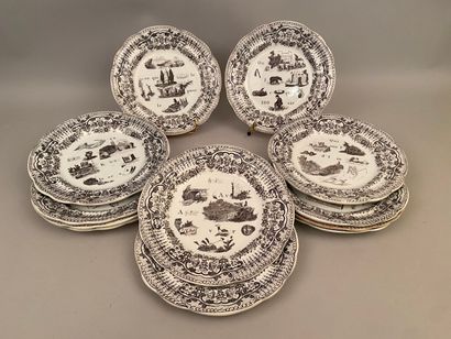 null GIEN. Suite of twelve earthenware dessert plates with printed decoration of...