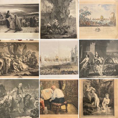 Set of ten engravings, some in colour, representing...