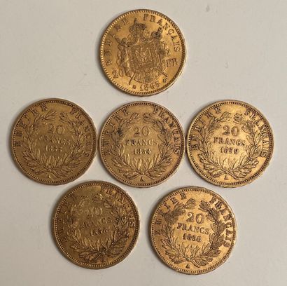 null *6 pièces de 20 francs or, 1853, 1854, 2 x 1858, 1859 et 1865