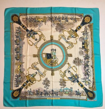 null HERMES Paris 

Silk square titled "Les Grands Atelages" by Ledoux with sky blue...