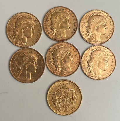 null *6 coins of 20 gold francs, 3 x 1908, 1909, 1910 and 1913 

*1 coin of 20 belgian...