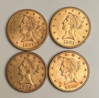 *4 gold 10-dollar coins, Liberty, 2 x 1881...