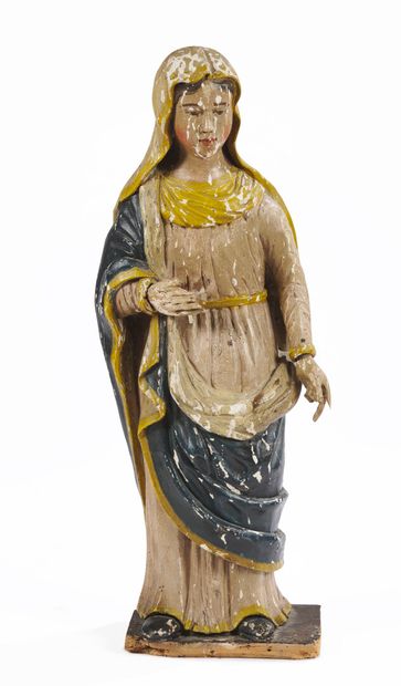 null Figure de sainte femme en bois polychrome, drapée et voilée ; (accidents, notamment...