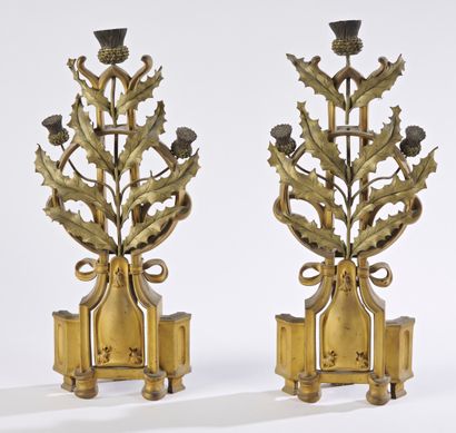 null FRENCH WORK 

Pair of gilt bronze and wrought iron "Chardons" andirons (small...
