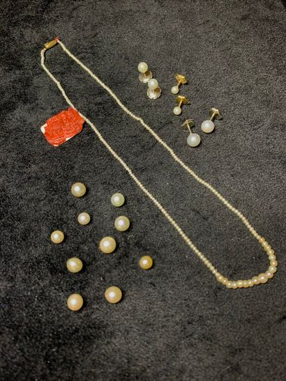 null Lot comprenant :

- un collier de perles de cultures ou/et perles fines en chute...