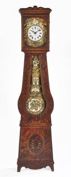 null Painted wooden COMTOISE with floral decoration, revealing a white enamelled...