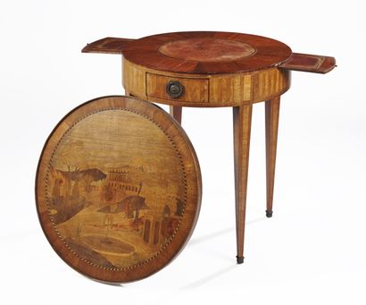 null Round GUERIDON forming a game table with a removable top inlaid with a landscape...