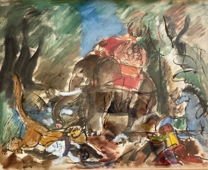 null Charles George DUFRESNE (1876-1938) 

Tiger and Elephant in the Jungle 

Watercolor...