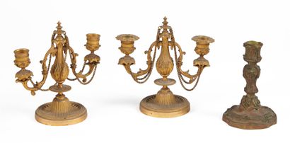 null SET including : 

Two gilt bronze candelabras with two arms of light. 

Small...