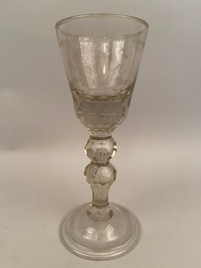 null GERMANY

Large blown glass stemmed glass, the chalice engraved with the arms...