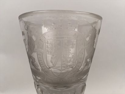 null GERMANY

Large blown glass stemmed glass, the chalice engraved with the arms...