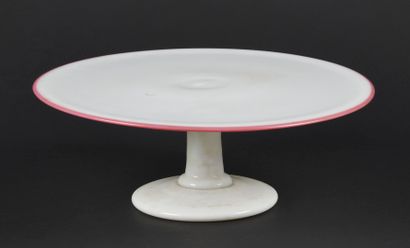 null A white opaline glass pedestal PLATE decorated with a red net on the borders....