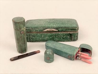 null Set of four green stained shagreen cases including two tortoiseshell or coral...
