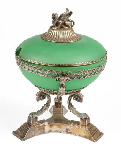 null Green opaline jam jar with a silvered metal frame decorated with ram heads,...