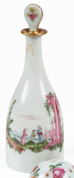 null White opaline glass BOTTLE with polychrome enamel decoration of a gallant scene...