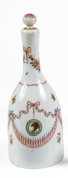 null A white opaline glass BOTTLE with polychrome painted portraits of women in medallions,...