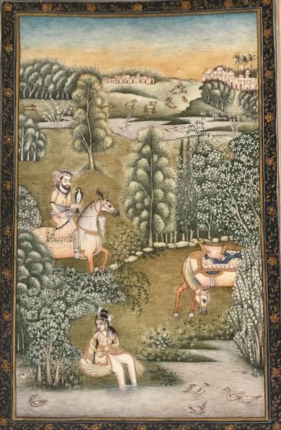 null Persian miniature on ivory representing a knight and a woman bathing in a landscape....