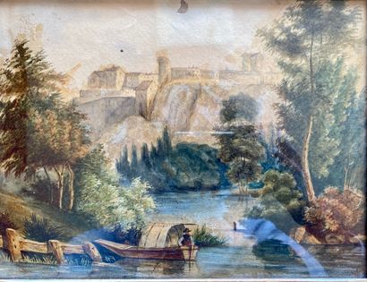 null FRENCH SCHOOL of the 19th century 

Landscape with a fisherman on a village...