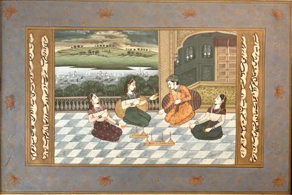 null Persian MINIATURE on paper representing a young man and three women in a palace...