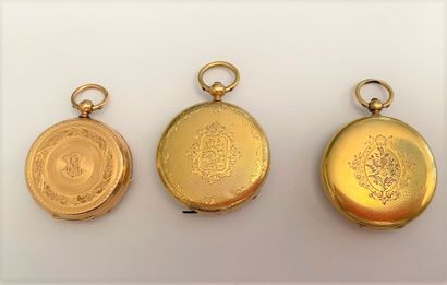 null TWO 18k (750°/oo) yellow gold pocket watches with guilloché backs engraved with...