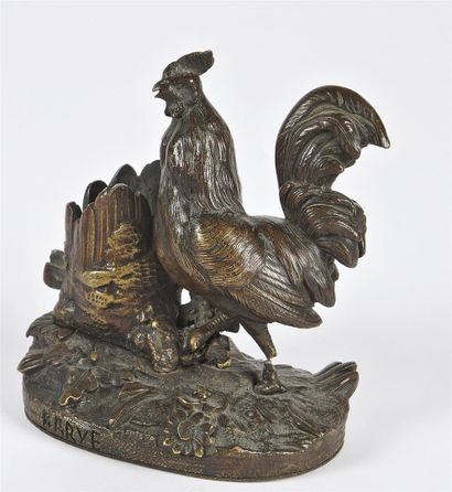 null After Antoine-Louis BARYE (1795-1875) 

Rooster on a terrace near a trunk 

Bronze...