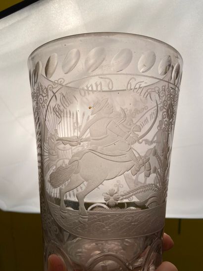 null GERMANY

Large covered glass vase engraved with military trophy and riders.

18th...