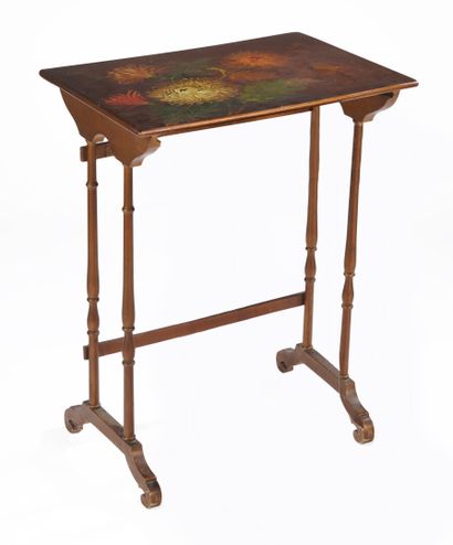 null FOUR polychrome wood nesting tables with floral decoration. 

The largest :...