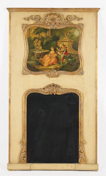 null Rectagular wood and stucco lacquered and gilded trumeau with a gallant scene...